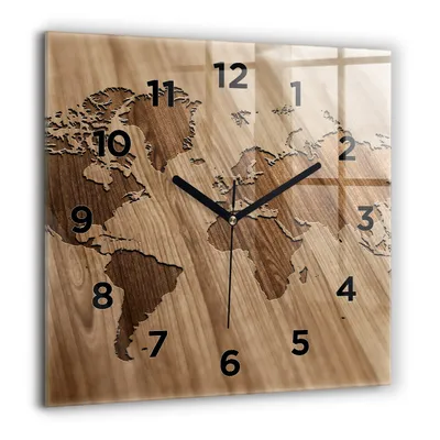 Produktbild von Wallfluent Große Wanduhr – Stilles Quarzuhrwerk - Uhr Dekoration Wohnzimmer Schlafzimmer Küche - Zifferblatt - schwarze Zeiger - 60 cm - Weltkarte auf Holz
