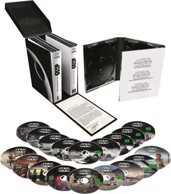 A Star Wars Blu-ray box set with discs spread out in front.