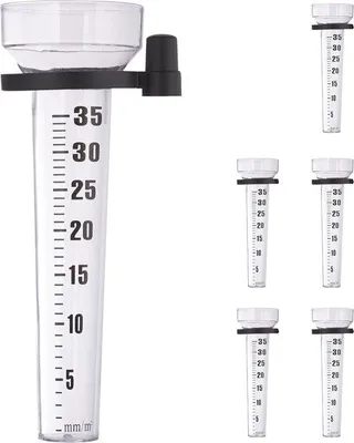 Produktbild von Famanu Regenmesser Set von 6 mit Halter - Pluviometer für den Garten - Maßstreifen bis 35 mm/m² - Kunststoff - Transparent und Schwarz