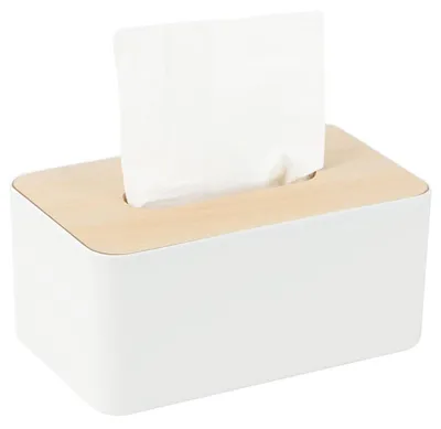 Image de Boîte à mouchoirs avec couvercle, imitation bois, rectangulaire, 21x13x9 cm, blanche. Boîte à mouchoirs pour le salon, le bureau ou la salle de bain