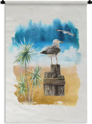 Produktbild von MuchoWow® Wandteppich Wandbehang Vogel - Baum - Strand - Aquarell 60x90 cm Tapisserie Dekoration Wandtuch - Foto-Teppich - Abwaschbar