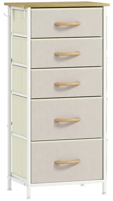 Produktbild von Schlafzimmer-Kommode mit 5 Stoffschubladen, Stahlstreben, Holzoberfläche, 4 Aufbewahrungstaschen, 2 Haken, Beige