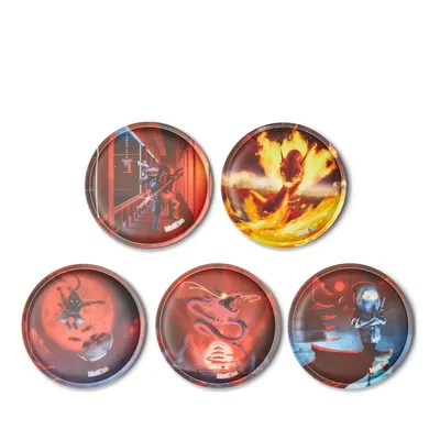 Five round patches with different fantasy/action themed graphics, arranged in a staggered pattern on a white background.