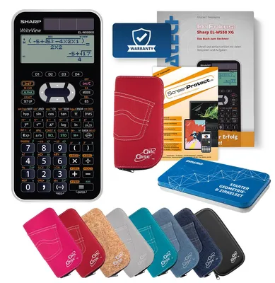 Produktbild von Sharp EL-W550 XG Taschenrechner mit Tasche rot, Schutzfolie, Fachbuch & Zirkel Set