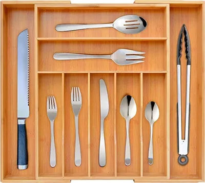 Produktbild von Decopatent® Besteckeinsatz ausziehbar - Besteckschublade - 7 Fächer -> Ausziehbar auf 9 Fächer - Besteckeinsatz-Organizer - Bambus - Holz
