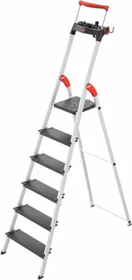 Produktbild von Hailo L100 Topline Alu-Sicherheits-Stehleiter - 6 XXL-Stufen bis 150 kg - Stehleiter mit ausziehbarem Haltebügel, Plattformverriegelung - viel Zubehör - klappbare Aluleiter  Germany - schwarz