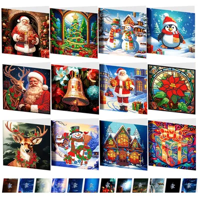 12er Set Diamant-Malerei Weihnachtskarten mit Umschlägen, DIY, Multicolor