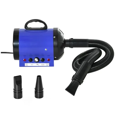 A blue and black professional pet hair dryer with a hose and three nozzle attachments, set against a white background.