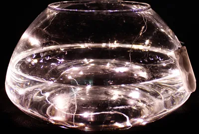 A glass bowl filled with water and illuminated by a string of micro LED lights.