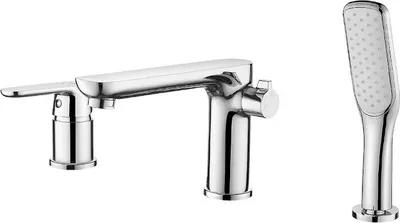 A chrome-finished bathtub faucet and handheld showerhead are displayed against a white background.