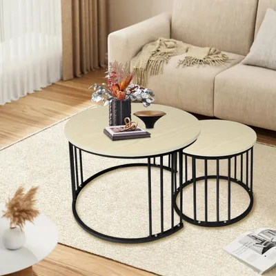 Produktbild von Satztisch 2er Set,Couchtisch Rund aus Holz,Wohnzimmertisch Klein,Beistelltisch Set, Sofatisch für Wohnzimmer, Schlafzimmer, Büro, Balkon Ø60cm/40cm
