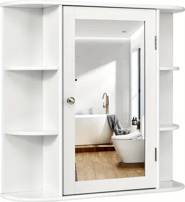 Immagine prodotto di Armadio a specchio da bagno - Armadietto dei medicinali - Ripiani regolabili - Ripiani laterali - Legno - Bianco