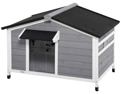 Image de Résistant aux intempéries, cabane pour chien en bois massif, toit en asphalte amovible, en bois de sapin, couleur gris et blanc | Pour chiens jusqu'à 20 kg | Dimensions : 109 x 79 x 72 cm