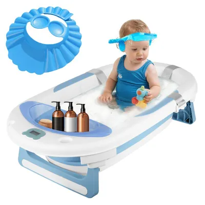 Produktbild von Baby Badewanne Set Faltbar mit Thermometer und Aufbewahrungskorb für Neugeborene und Babys 72cm Blau