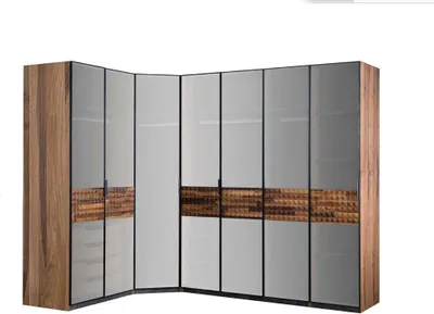 Produktbild von Eckschrank Schlafzimmerschrank Kleiderschrank Holz Braun Spiegel Groß