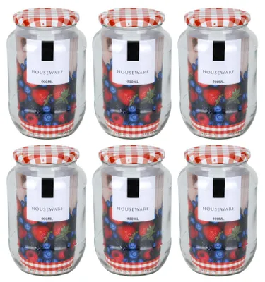 Einmachgläser mit kariertem Deckel, 900 ml, 6 Stück