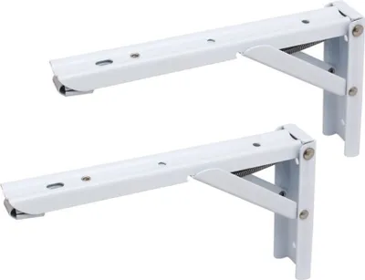 Two white folding shelf brackets are shown against a white background.