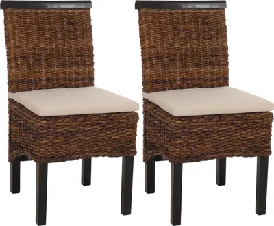 Two woven chairs with beige cushions are shown against a white background.