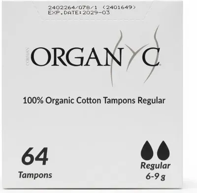 Professionelle Frontalansicht der Organyc Tampon-Verpackung aus 100% Bio-Baumwolle. Das klare Design der Box zeigt die Saugstärke 'Regular' (2 Tropfen) und die Inhaltsmenge von 64 Stück.