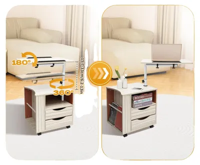 Image de Table de chevet à roulettes, hauteur réglable de 15,7 à 33 cm, double tiroir, capacité de charge de 20 kg, design mobile, style moderne