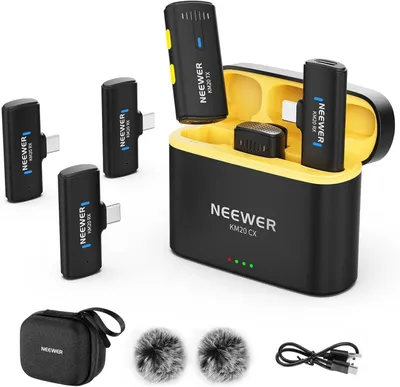 Immagine prodotto di Sistema di microfono lavalier wireless NEEWER, compatibile con iPhone, telefoni Android, computer, PC, laptop e tablet. Mini kit di microfoni da clip con 2 trasmettitori USB-C / 4 ricevitori / adattatore OTG, colore nero, modello KM20