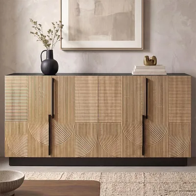 Produktbild von Wohnzimmerschrank mit 4 Türen und Relieffront Aufbewahrungsschrank Sideboard für Wohnzimmer 160 L x42 B x 76 H Natur+Schwarz