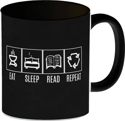 Produktbild von Eat, sleep, READ, repeat Kaffeebecher Schwarz Auf der Suche nach einem