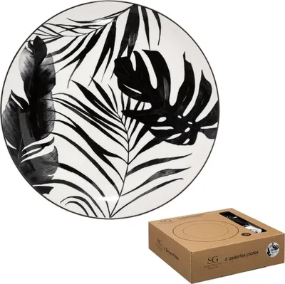 Produktbild von Secret de Gourmet 6er Set Essteller Palme aus Porzellan schwarz / weiß 2,5cm x 26,5cm