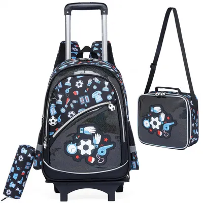 Produktbild von Schulranzen Trolley mit Rollen für Jungen 2. Klasse Schwarz Fußball 3-teiliges Set