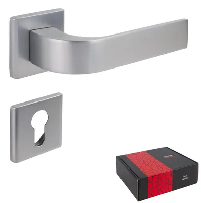 Produktbild von Moderne Türgriff für Innentüren mit quadratischen Rosetten und Befestigungsmaterial - Satinchrom