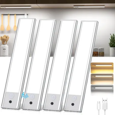 Produktbild von 4er LED Unterbauleuchte, Lichtleiste Mit Bewegungsmelder, Kabellos Wiederaufladbare, 3 Modi Sensor Schrankleuchten, Silber