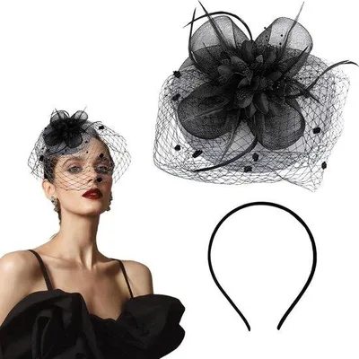 Image de Bandeau noir orné d'une barrette fleurie et de plumes