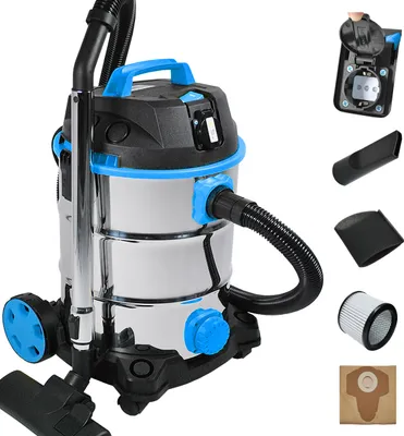 A wet and dry industrial vacuum cleaner with various accessories displayed on a white background.