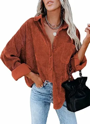 Produktbild von ASKSA Damen Bluse Reverskragen Langarm Cord Herbst Hemdjacke Knöpfen Cardigan Oberteil, Karamell, 2XL