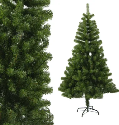 A close-up view of artificial Christmas tree branches on the left, and a full view of an artificial Christmas tree on a stand on the right.