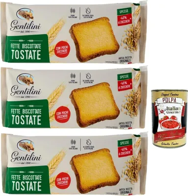 Produktbild von Gentilini Fette Biscottate Tostate dicke geröstete Zwieback Brot n mit weniger Zucker 100% Italienisches Produkt 3x 175g + Italian Gourmet polpa 400g