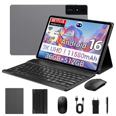 Image de Tablette 3K avec Android 16, 36 Go de RAM, 512 Go de stockage (extensible jusqu'à 2 To), 4G, Wi-Fi, écran 2944 x 1840 UHD de 13 pouces, batterie 11580 mAh, processeur Octa-Core G99, appareil photo 13MP + 8MP, couleur grise