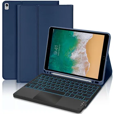 Image de Coque Clavier pour iPad Air 3 10,5 Pouces / iPad Pro 10,5 Pouces, CuirPolyuréthaneBleu Marine avec Clavier Rétroéclairé