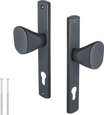A pair of dark gray door handles with keyhole escutcheons and two screws on a white background.