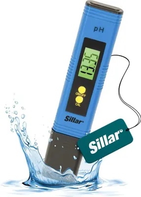 A blue digital pH meter is shown partially submerged in a splash of water, with a green display showing a reading.