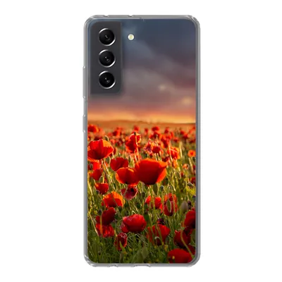 Produktbild von MuchoWow® Handyhülle Schutzhülle Hülle für Samsung Galaxy S21 FE Sonnenuntergang über einem Feld von Mohnblumen Silikon Softcase Handy Hülle - Mobiltelefonhülle