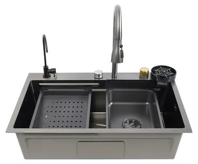 Immagine prodotto di Lavello da cucina - Vasca singola con funzione cascata e miscelatore estraibile - 68 cm - Acciaio inossidabile - Tre aperture - Montaggio a incasso