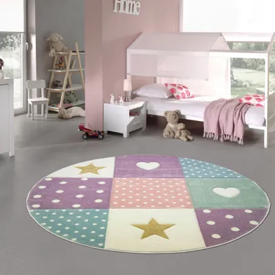 Produktbild von Kinderzimmer Teppich Spielteppich Herz Stern Punkte Design creme rosa blau Größe - 120 cm Rund