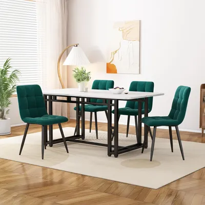 Image de Sweiko 120x70cm Noir Table de salle à manger avec 4 chaises Set,Cuisine moderne Set de table de salle à manger, chaises de salle à manger en velours vert foncé, table de jambe en fer noir