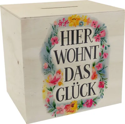 Produktbild von Hier wohnt Glück Spardose aus Holz Blumenkranz