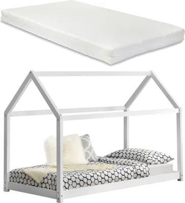 Obrázek produktu pro [cs.casa] Dětská postel s matrací 90x200cm Bílý dům Design Postel z borovicového dřeva Dřevěná postel Dům Postel Matrace ze studené pěny Oeko-Tex Standard 100 Vhodné pro alergiky Prodyšné
