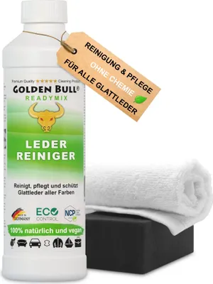 Produktbild von Golden Bull® Lederreiniger & Lederpflege Set - Leder Reiniger 500ml, Schwamm, Tuch für Reinigung & Pflege von Ledercouch, Auto und Sofa