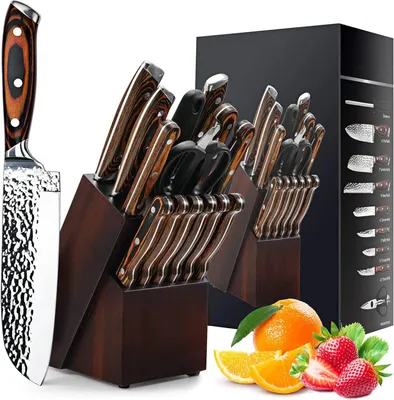 Imagen del producto de Juego de cuchillos de 15 piezas, de autoafilado, con mango de madera y bloque de acero inoxidable martillado, ideal para la cocina