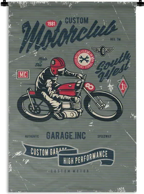 Produktbild von MuchoWow® Wandteppich Wandbehang Motorrad - Sport - Retro - Zeichnung 120x180 cm Tapisserie Dekoration Wandtuch - Schlafzimmer - Dekorationen für das Haus