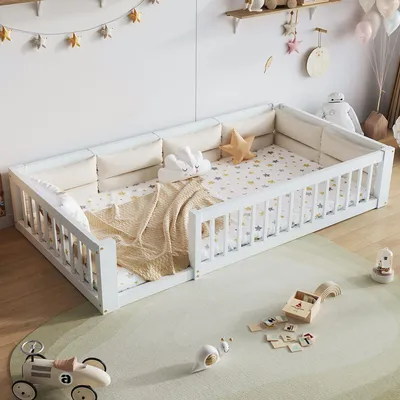 Produktbild von Flieks Kinderbett 90x200cm mit Lattenrost und Rausfallschutz, Bodenbett mit gepolsterten Rückenlehen und Kopfteil, Holzbett Einzelbett, Weiß